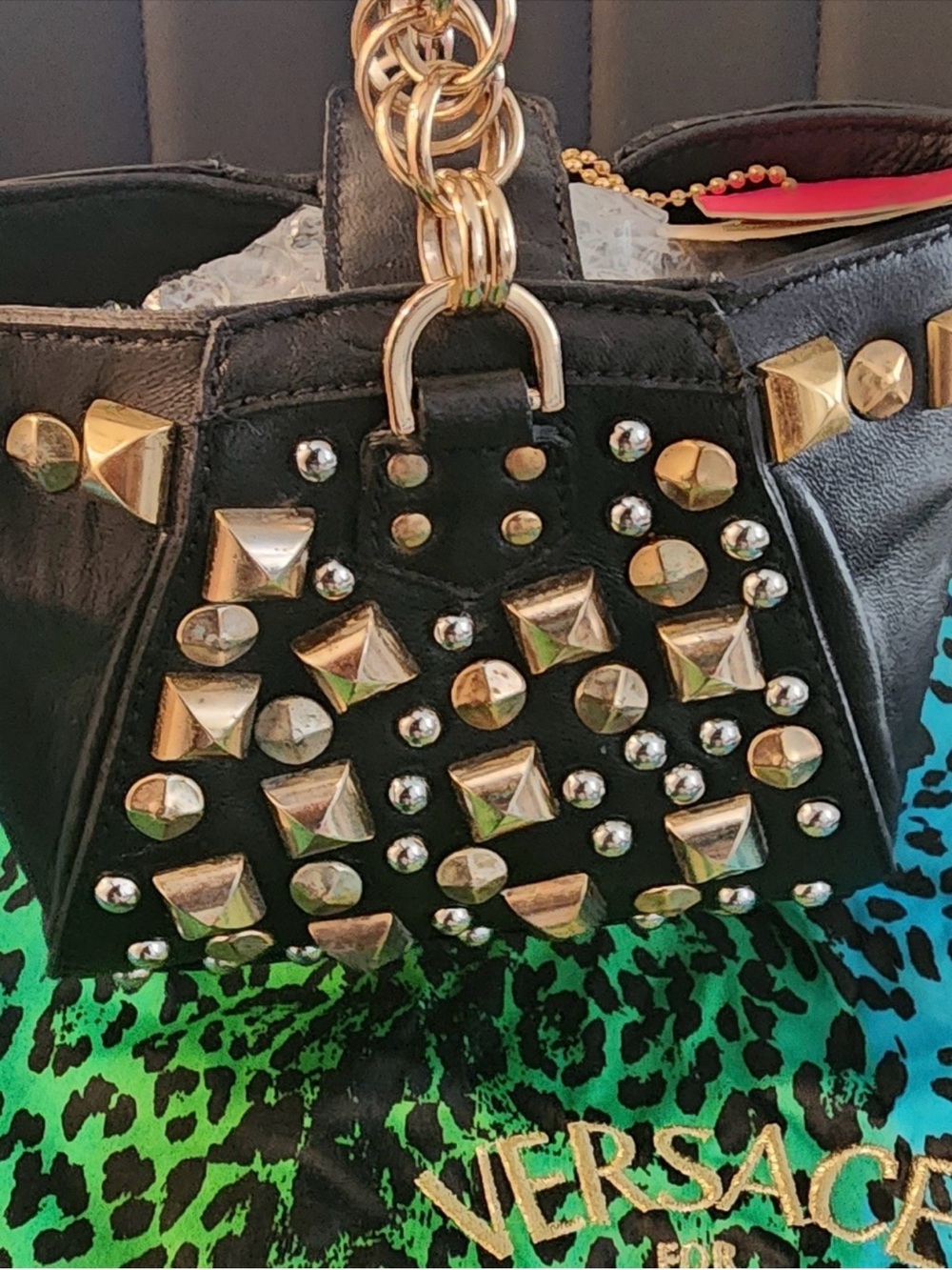 Versace Black Leather Mini Tote with Gold Studs